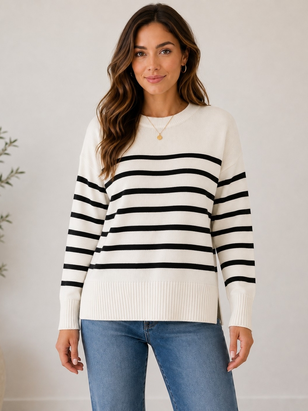 Women’s Cream and Black Striped Crewneck Sweater